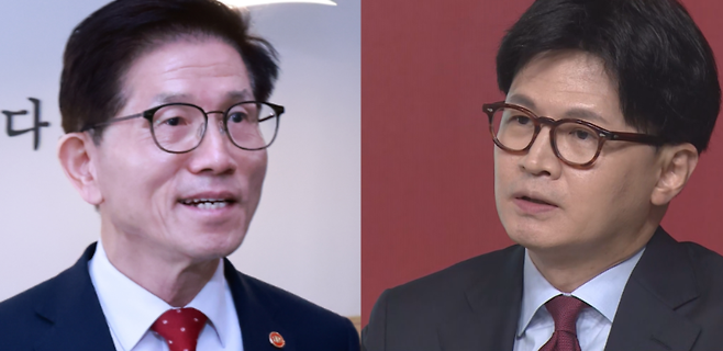 김문수(왼쪽) 전 국민의힘 대선 후보와 한동훈 전 국민의힘 대표