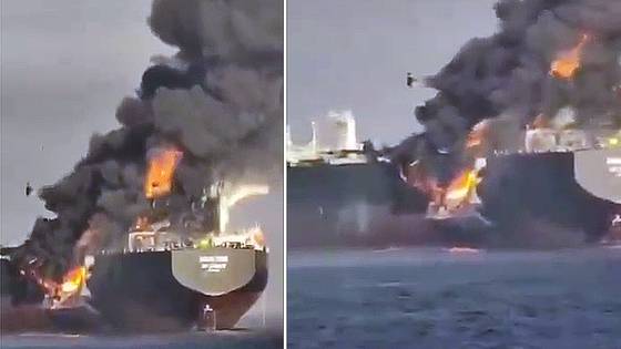 호르무즈 해협에서 유조선 충돌로 화재가 발생한 애덜린호. 인터넷 캡처