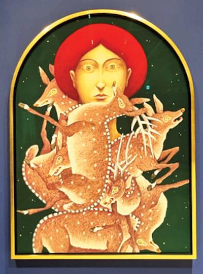 호암미술관 전시에 나온 니콜라스 파티 작, '사슴이 있는 초상'(2024, 리넨에 소프트 파스텔, 150.1x110.1㎝). 호암미술관 제공