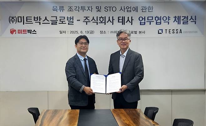 김형준 테사 대표(왼쪽)와 김기봉 미트박스글로벌 대표가 업무협약을 맺고 있다. /사진=미트박스글로벌 제공