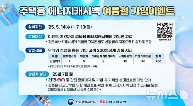 [세종=뉴시스]한국전력은 오는 7월13일까지 주택용 에너지 캐시백 여름철 가입 이벤트를 시행한다.(사진=한전 제공)
