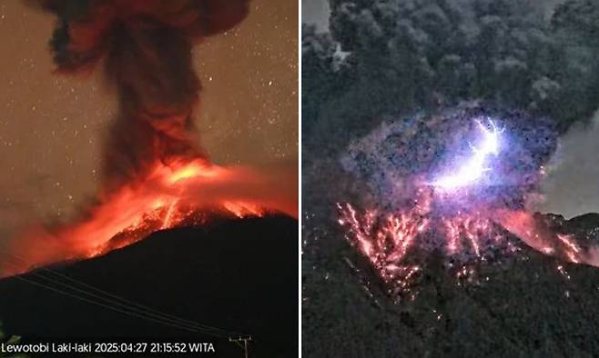 지난 4월 27일·5월 19일(현지시간) 인도네시아 소순다열도 인근 동누사트가라주(NTT) 동부플로레스군에 위치한 르워토비 라키라키 화산이 분화하는 모습. 세계일보 자료사진