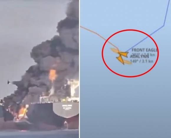 왼쪽은 17일(현지시간) 호르무즈 해협 인근을 항해 중이던 라이베리아 국적 유조선 ‘프론트 이글’ 호가 인도 국적의 ‘아달린’ 호와 충돌하면서 발생한 화재 현장. 오른쪽은 선박 추적 웹사이트에서 두 선박의 충돌 당시를 보여주는 화살표. 인스타그램 캡처