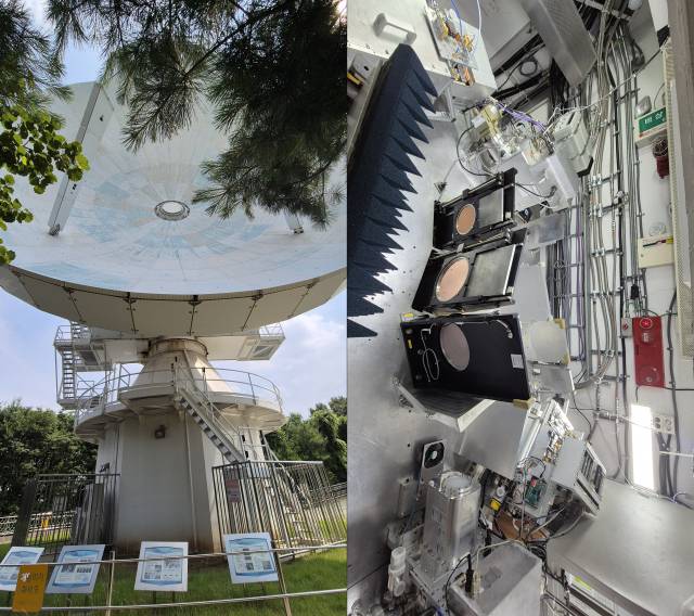 17일 서울 서대문구 천문연 KVN연세전파천문대의 전파망원경(왼쪽)과 내부 수신실의 동시 관측 수신기. 김윤수 기자