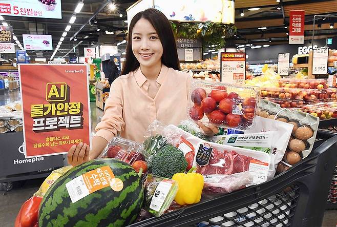 모델이 ‘AI 물가안정 프로젝트’ 행사에서 신선한 여름 제철 과일과 농산물을 선보이고 있다. <홈플러스 제공>