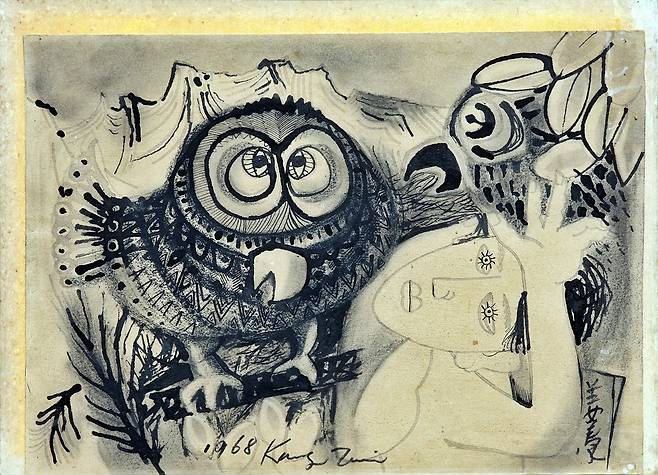 강태석,&nbsp; &nbsp;대화(對話),&nbsp; &nbsp;1968,&nbsp; &nbsp;종이에 잉크,&nbsp; &nbsp;19.5×27cm,&nbsp; &nbsp;개인 소장 / 사진=제주도립미술관