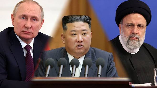 북한 외무성은 19일 "이스라엘은 중동 평화의 암"이라고 비난했다. 북한과 이란은 미사일 기술 협력과 연대를 구축해왔다. 러시아의 우크라이나 침공 이후에는 북한과 이란은 모두 러시아에 무기 수출을 하며 '친러' 고리를 구축했다. 블라디미르 푸틴 러시아 대통령과 김정은 북한 노동당 총비서, 알리 하메네이 이란 최고지도자 모습. 뉴시스