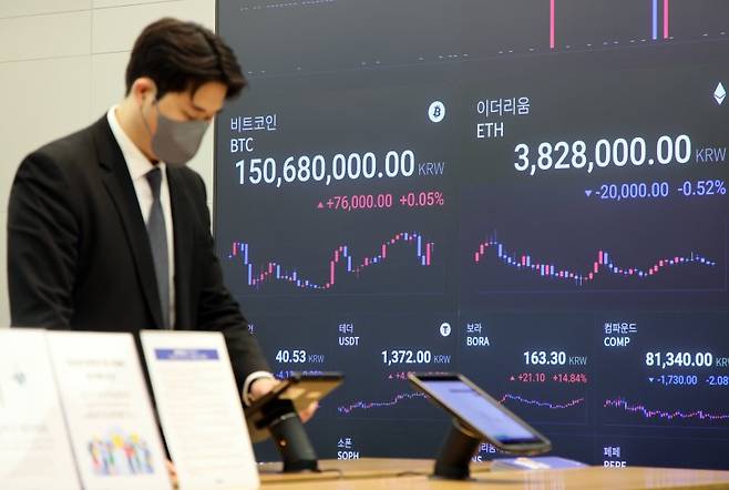 [11일 서울 강남구 업비트 고객센터 전광판에 비트코인 거래가격이 표시되고 있다. 비트코인이 1억5000만원대를 탈환하면서 고점 경신 기대감이 오르고 있다. 사진=뉴시스