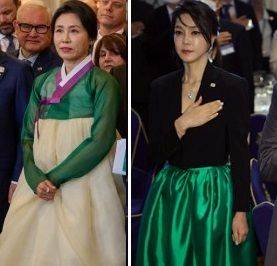 김혜경 여사가 캐나다 G7 초청국 리셉션에서 선보인 '녹의황상'(왼쪽). 윤석열 전 대통령의 첫 순방지였던 스페인에서 동포 초청 만찬간담회에 참석한 김건희 여사. /사진=뉴스1, 대통령실기자단