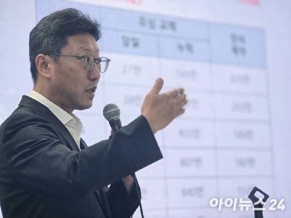 19일 오전 서울 중구 삼화타워에서 열린 SK텔레콤 개인정보 침해사고 관련 브리핑에서 김희섭 SK텔레콤 PR센터장이 발표하고 있다. [사진=안세준 기자]