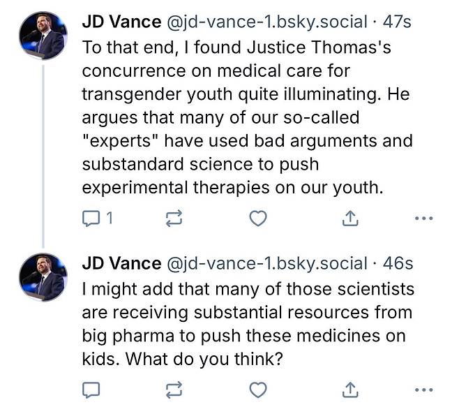 18일(현지시간) JD 밴스 미국 부통령이 소셜미디어 블루스카이에 올린 게시글. [인터넷 캡처]