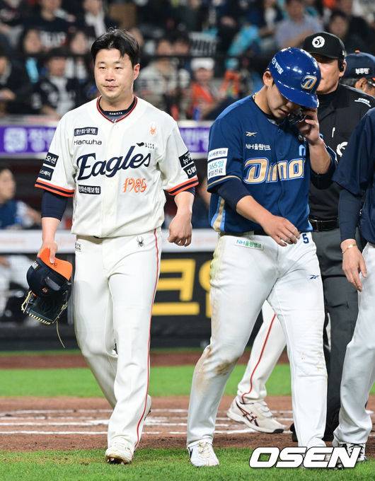[OSEN=대전, 최규한 기자] 18일 오후 대전 한화생명 볼파크에서 ‘2025 신한 SOL Bank KBO리그’ 한화 이글스와 NC 다이노스의 경기가 열렸다.홈팀 한화는 엄상백, 방문팀 NC는 로건 앨런을 선발로 내세웠다.6회초 1사 주자없는 상황 한화 투수 김종수가 NC 서호철에게 헤드샷을 던져 퇴장당하고 있다. 2025.04.18 / dreamer@osen.co.kr