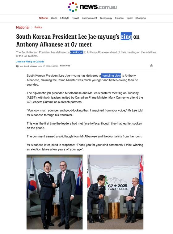 이재명 대통령과 앤서니 앨버니지 호주 총리 회담을 다룬 호주 현지 언론 보도 〈출처 : news.com.au〉
