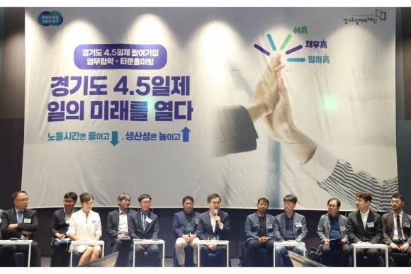 19일 열린 주4.5일제 시범사업 업무협약에서 김동연 경기도지사가 인사말을 하고 있다. (경기도 제공)