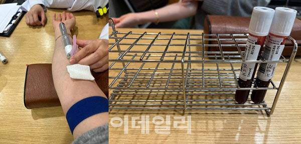지난 4월 21일 서울대병원 강남검진센터에서 ‘캔서파인드’ 검사를 위해 채혈하는 과정을 담았다.(사진= 석지헌 기자)
