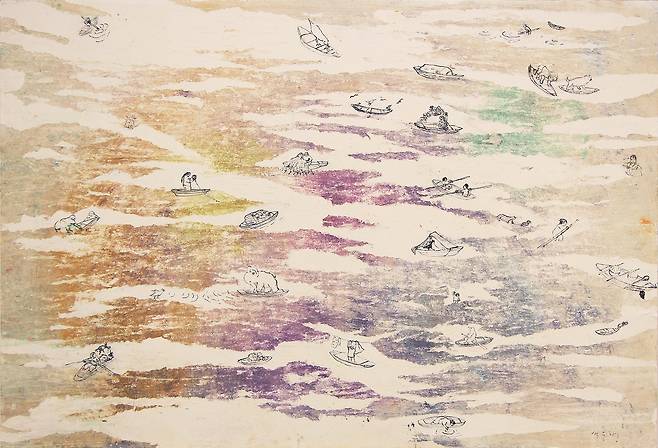 백은하 BAEK Eunha, 강과 배 1, River and Boat 1, 2025, Natural dye, textile dye, pen on paper, 54.5 x 78.5 cm  (아라리오갤러리 서울 제공)