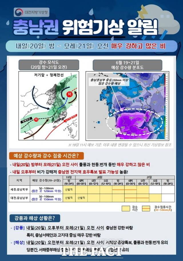 천안시는 20~21일 천안종합운동장 오륜문광장 일대에서 개최할 예정이었던 '2025 천안 유니브시티 페스티벌 with 맥썸 페스티벌'을 취소했다. 사진은 대전지방기상청이 발표한 충남권 위험기상 알림./천안시