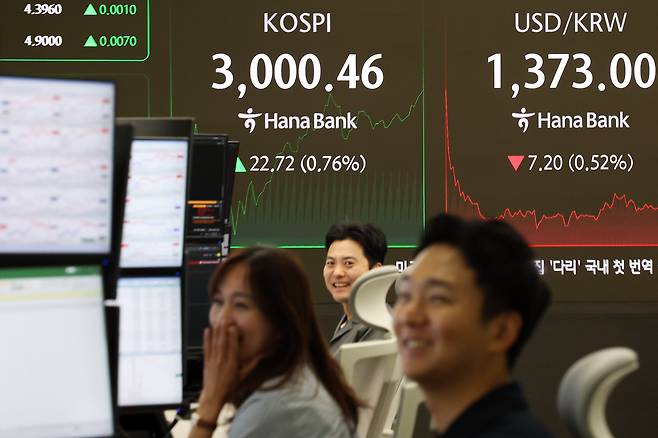 코스피가 3000선을 돌파한 20일 오전 서울 중구 하나은행 본점 딜링룸 전광판에 코스피 지수가 표시되고 있다./뉴스1 제공