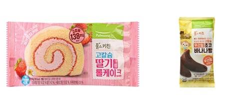 마더구스가 제조하고 푸드머스가 유통·판매한 '고칼슘 딸기크림 롤케이크'(왼쪽)와 '고칼슘 우리밀 초코바나나빵'(오른쪽). /풀무원 제공