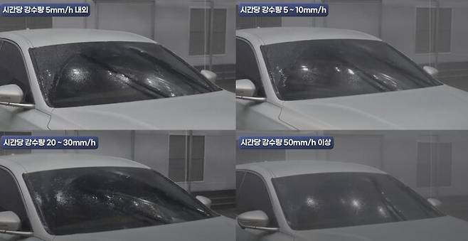 시간당 강우량에 따른 차량 앞유리 비교영상. 기상청 유튜브 갈무리