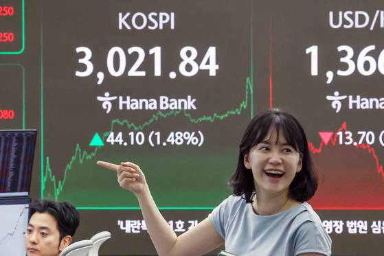 20일 오후 서울 중구 하나은행 딜링룸 전광판에 코스피가 전일 대비 44.10포인트(1.48%) 상승한 3021.84를 나타내고 있다.  코스피가 종가 기준 3000선을 넘긴 건 지난 2021년 12월 28일 이후 3년 6개월여 만이다. 뉴스1