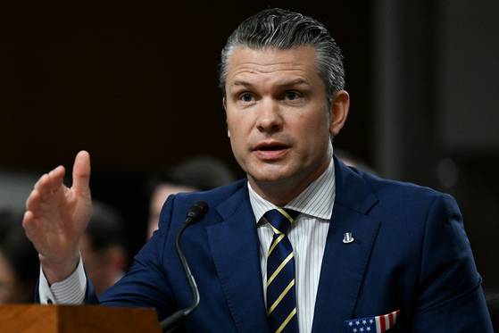 U.S. Defense Secretary Pete Hegseth speaks during a Senate Armed Services Committee hearing on Capitol Hill in Washington on June 18. [REUTERS/YONHAP]