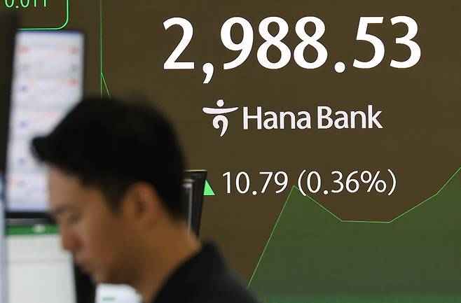 20일 서울 중구 하나은행 본점 딜링룸에서 직원이 증시와 환율을 모니터하고 있다. 이날 오전 9시 2분 현재 코스피는 전장보다 1.09포인트(0.04%) 오른 2,978.83이다. 지수는 전장보다 8.78포인트(0.29%) 오른 2,986.52로 출발했다. [연합]