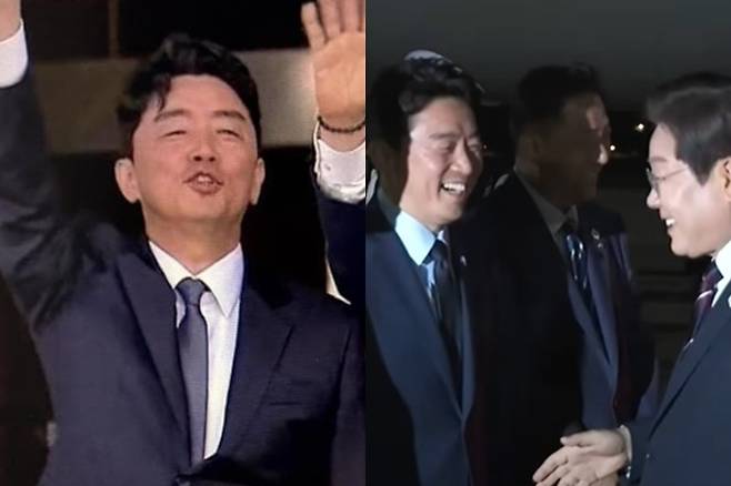 G7 정상회의를 마치고 귀국한 이재명 대통령이 강훈식 대통령 비서실장, 우상호 정무수석과 인사를 나누고 있다. [KTV 이매진]