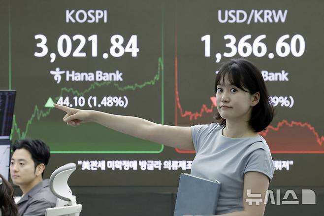 [서울=뉴시스] 최동준 기자 = 코스피 지수가 전 거래일보다 44.1포인트(1.48%) 오른 3021.84로 장을 마친 20일 서울 중구 하나은행 딜링룸에서 딜러들이 업무를 보고 있다. 2025.06.20. photocdj@newsis.com