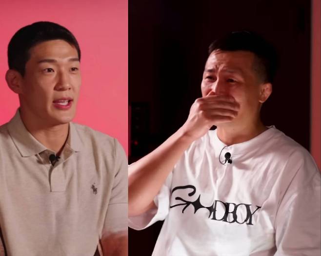 정찬성 ZFN 대표(사진 오른쪽)가 유주상과 인터뷰를 하는 도중에 오열하고 있다. 정찬성 Korean Zombie 유튜브 채널 영상 캡처