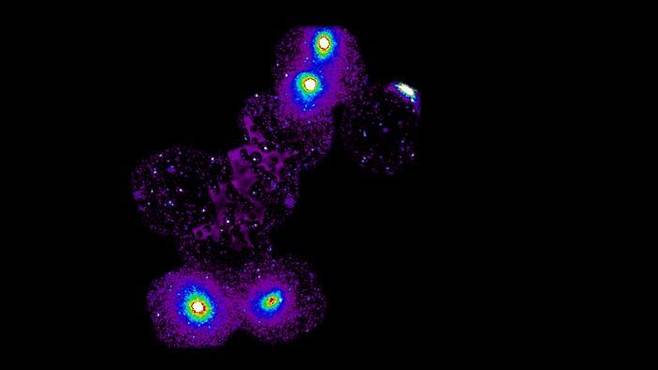 "은하단 연결 거대 가스 필라멘트 발견…우리은하의 10배 질량" 6억5천만 광년 밖의 우주 거대구조인 섀플리 초은하단(Shapley Supercluster)에서 우리은하(Milky Way) 질량의 10배나 되는 뜨거운 가스가 끈처럼 펼쳐져 있는 거대한 필라멘트 구조가 발견됐다. 유럽우주기구(ESA) X선 우주망원경 XMM-Newton과 일본 우주항공연구개발기구(JAXA) 스자쿠(Suzaku) X선 우주망원경에 포착된 이 사진에서 아래와 위쪽 밝은색 점 4개가 성단이며 그 사이 띠처럼 보이는 보라색 얼룩이 가스 필라멘트 구조다. [ESA/XMM-Newton and ISAS/JAXA 제공. 재판매 및 DB 금지]