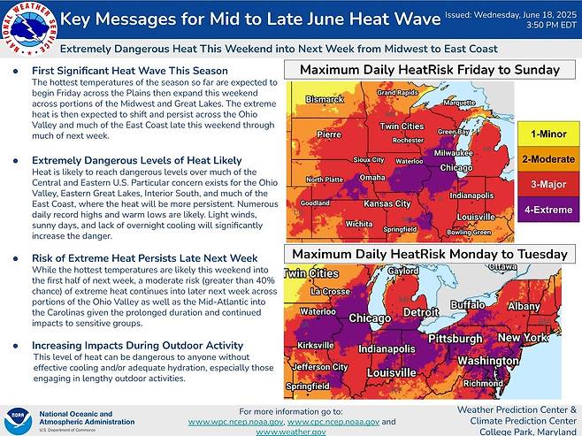 미 기상청(NWS)이 발표한 '극한 더위' 경계 메시지 [NWS 제공. 재판매 및 DB 금지]