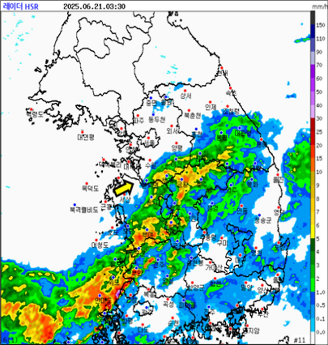 ▲ 21일 오후 3시30분 기준 전국 기상레이더. /사진제공=기상청