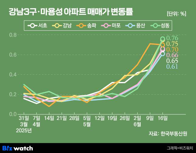 서울 강남3구 마용성 아파트 매매가 변동률/그래픽=비즈워치