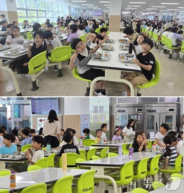 지난 3월 개교한 세종 산울초등 급식실. 밝은 아이들의 표정이 인상적이다.  ⓒ 뉴스1 장동열 기자