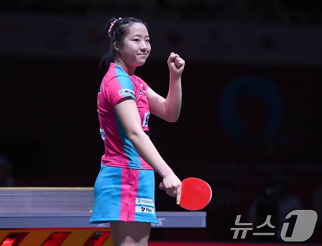 신유빈이 최효주와 함께 WTT 스타 컨텐더 류블랴나 여자 복식 결승전에 진출했다. 사진은 도하세계선수권 당시의 신유빈. . 2025.5.22/뉴스1