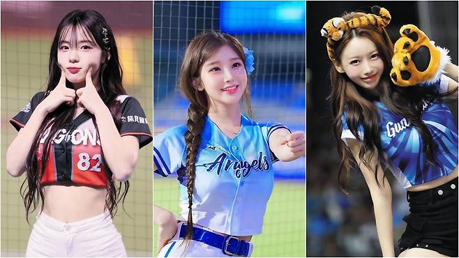 대만에서 활동 중인 한국인 치어리더 이주은(왼쪽부터), 이다혜, 이아영씨가 응원 무대에 올라 현지 팬 앞에서 춤을 추는 모습. 최근 대만에서 한국인 치어리더가 무대에 오르는 날이면 대만 팬들이 집결해 망원렌즈를 단 ‘대포 카메라’로 셔터를 터뜨린다. 이들의 화보가 담긴 카드는 수십 만원에 팔리고, 사인회에는 수천 명의 팬이 집결한다./인스타그램