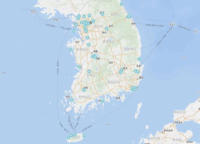 네이버 지도에 사용자들이 가장 많이 저장한 전국 빙수 맛집 상위 100곳이 표시돼 있다. 사진=네이버 지도 갈무리
