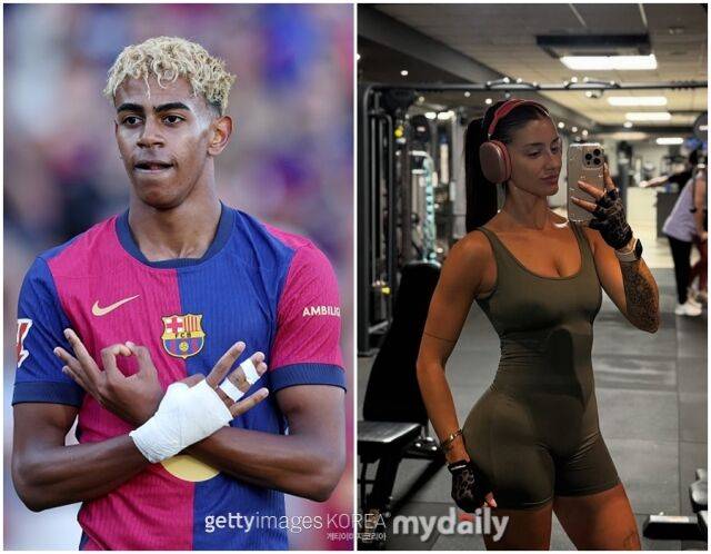 바르셀로나 17살 천재 윙어 라민 야말. 항공사 승무원 출신 인플루언서와 데이트를 즐겨 화제가 되고 있다./게티이미지코리아, 소셜미디어