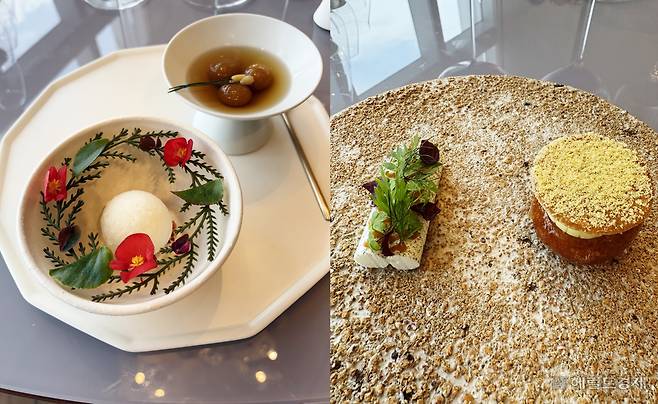 대저토마토빙과·수정과(왼쪽), 방아머랭과 된장 캐러멜·옥수수 우메기. 육성연 기자