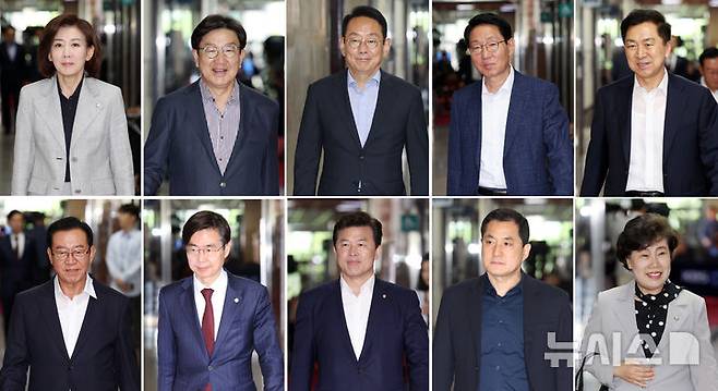 [서울=뉴시스] 김명년 기자 = 국민의힘 의원들이 18일 오전 서울 여의도 국회 원내대표실에서 4선 의원 이상 회의에 참석하고 있다. 사진 왼쪽 위부터 나경원, 권성동, 김도읍, 김상훈, 김기현, 이종배, 조경태, 윤영석, 박대출, 조배숙 의원. 2025.06.18. kmn@newsis.com