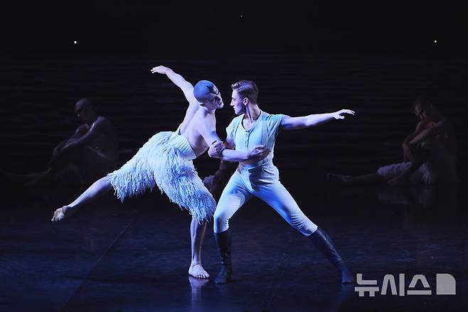 [서울=뉴시스]19일 서울 마곡동 LG아트센터에서 열린 매튜 본의 '백조의 호수' 30주년 기념 공연에서 남성 백조와 왕자가 파드되(2인무)를 추고 있다. (사진=LG아트센터 제공)
