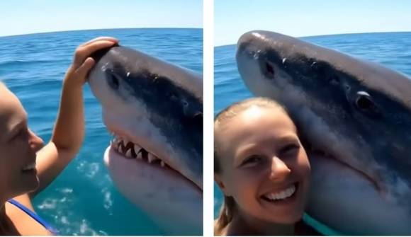 엘리스 젠트리가 ‘단테’라고 이름 붙인 백상아리와 함께하는 모습을 담은 영상이 소셜미디어(SNS)에서 화제를 모으고 있다. 인스타그램 캡처