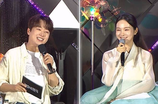 이찬원과 송소희가 불후의 명곡에서 함께 MC를 보고 있다.