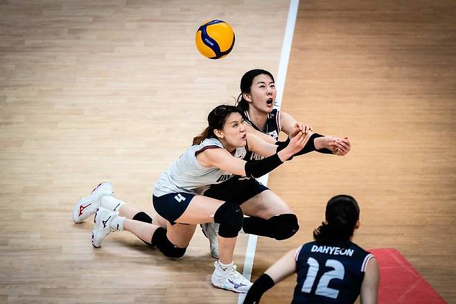 한국 대표팀의 필사적인 리시브 [국제배구연맹 제공. 재판매 및 DB 금지]