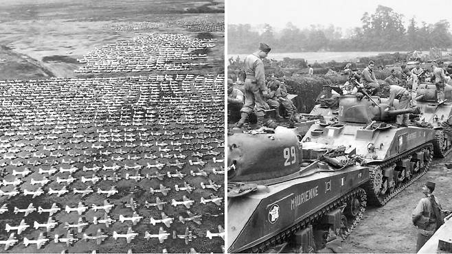 제2차 세계대전 이후, 하늘에서 내려다본 미국 보유 항공기들. 압도적 군수 생산력의 증거였다(왼쪽 사진). 오른쪽 사진은 1944년 6월 노르망디 상륙작전 당시의 미군 병사들과 전차. /연합뉴스
