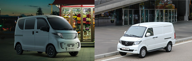대창모터스 소형 전기 밴 이토비(왼쪽)와 산시빅토리그룹의 소형 전기 화물차 ‘E-CV1’. /각사 홈페이지