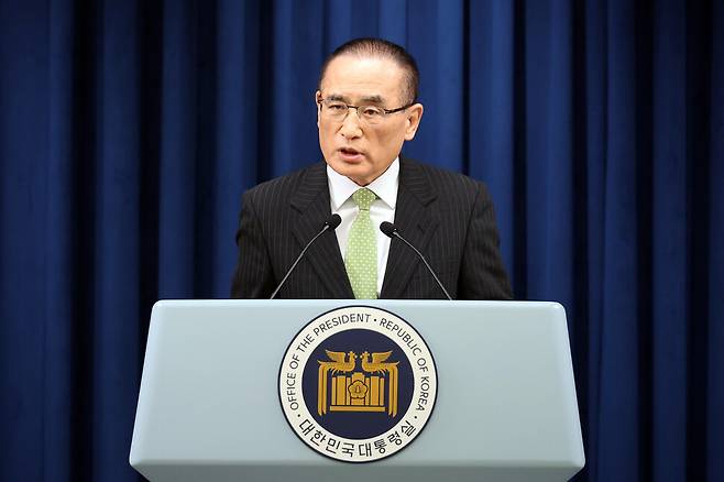 위성락 국가안보실장이 지난 15일 서울 용산 대통령실에서 이재명 대통령 캐나다 주요 7개국(G7) 정상회의 참석 관련 설명을 하고 있다. 연합뉴스