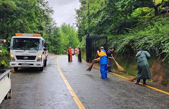 청주시 관계자들이 상당구 문의면 수목전도 현장을 정리하고 있다. [사진=청주시]