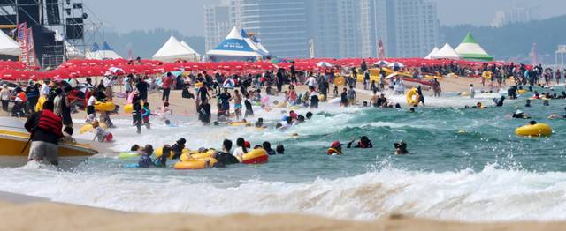 동해안 해수욕장이 지난 20일 고성 아야진 해수욕장을 시작으로 차례로 문을 열고 여름 손님을 맞는다. 지난해 8월 강릉 경포해수욕장을 찾은 피서객들이 바닷 속에서 더위를 식히고 있다. 연합뉴스